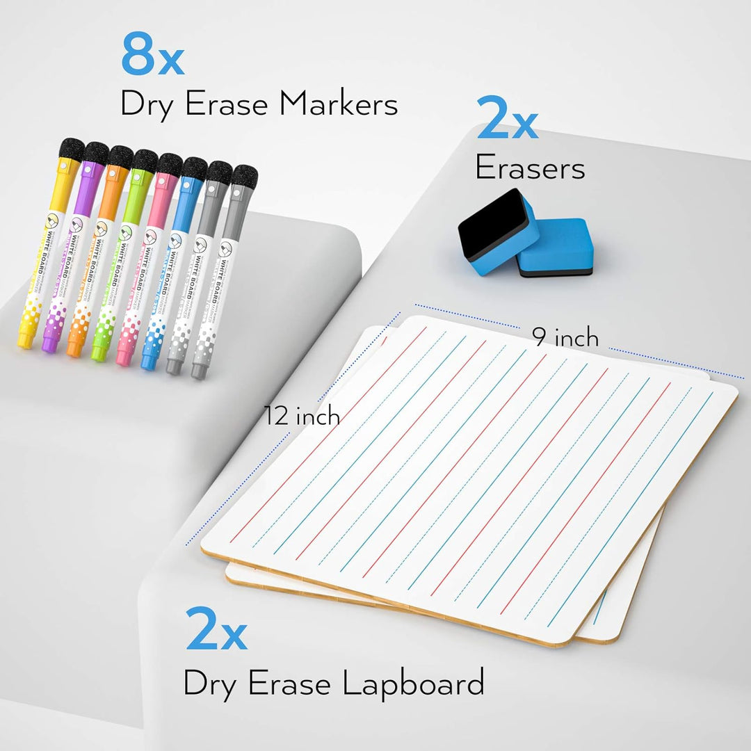 Nicpro 2 Stück Whiteboard Klein A4, Doppelseitiges Desktop Schreibtafel Liniert mit 8 Bunte Stifte,