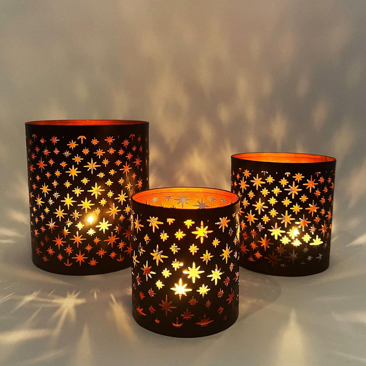 MARRAKESCH 3er Set Windlicht 14cm Gross aus Metall Orientalische Teelichthalter Hamman Schwarz Kupfe