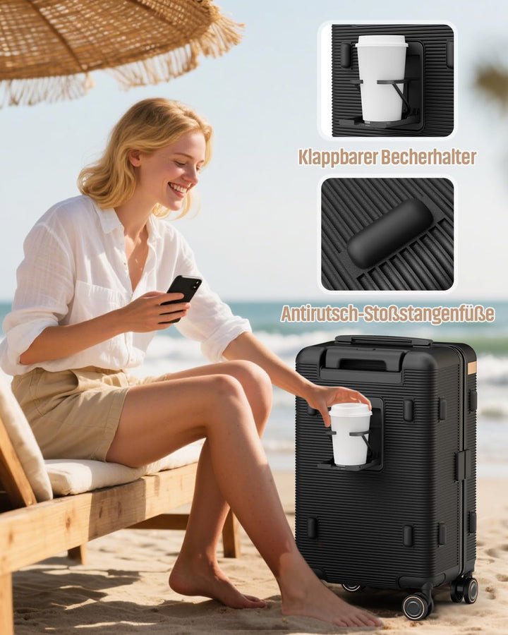 Joyway Koffer Reisekoffer von ABS Hartschalen Trolley mit Getränkehalter und druckfestem Rahmen, Han