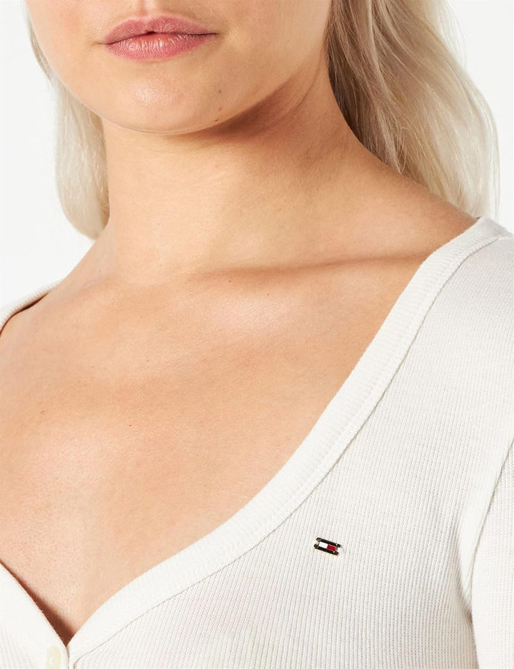 Tommy Hilfiger Damen Slim Modal Rib Henley Long SLV Andere Strickoberteile 3XL Ecru, 3XL Ecru