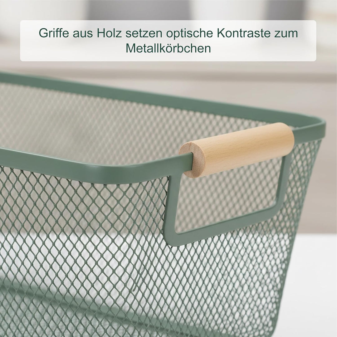 Relaxdays Drahtkorb mit Holzgriffen, eckig, Aufbewahrungskorb Metall, HBT 16,5 x 37 x 22,5 cm, Korb