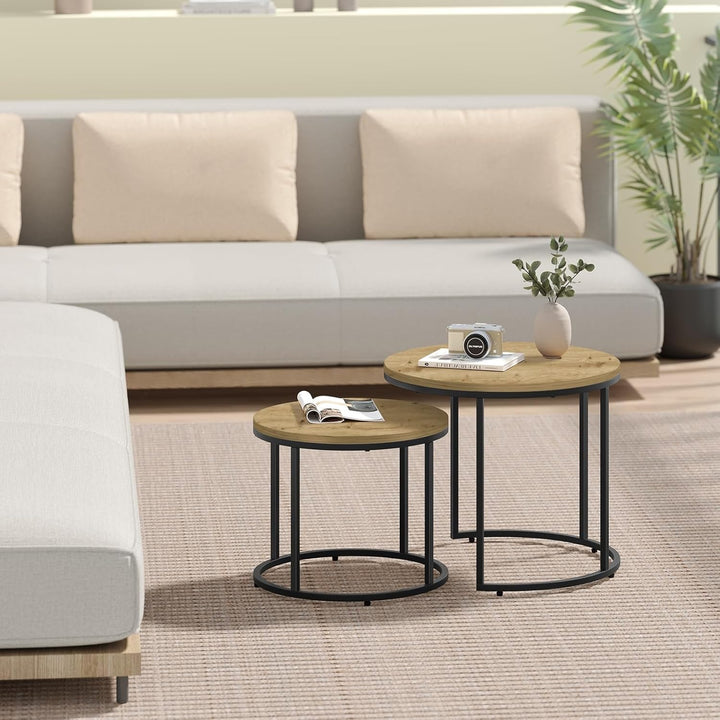 FORTENA 2er Set Couchtische, Schwarze oder goldene Metallbeine, Industrial-Stil, Raund (Artisan – Sc