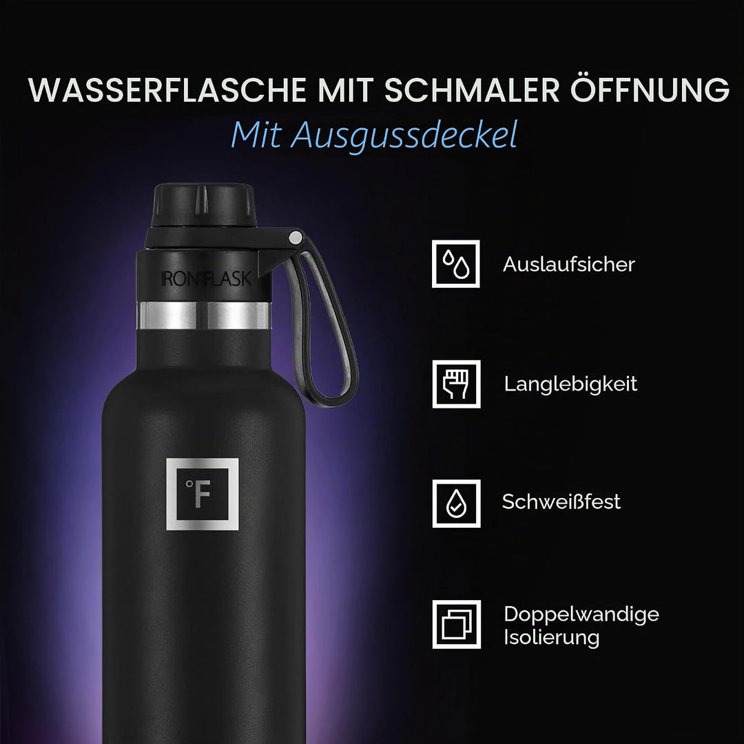 IRON °FLASK Sportwasserflasche mit schmalem Mund - 24 Unzen, 3 Deckel (Auslaufdeckel), vakuumisolier