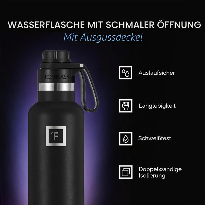 IRON °FLASK Sportwasserflasche mit schmalem Mund - 24 Unzen, 3 Deckel (Auslaufdeckel), vakuumisolier