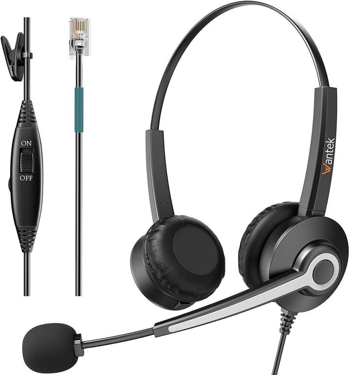 Wantek Telefon Headset Mono mit Noise Cancelling Mikrofon, Lautstärkeregler, Call Center Kopfhörer f