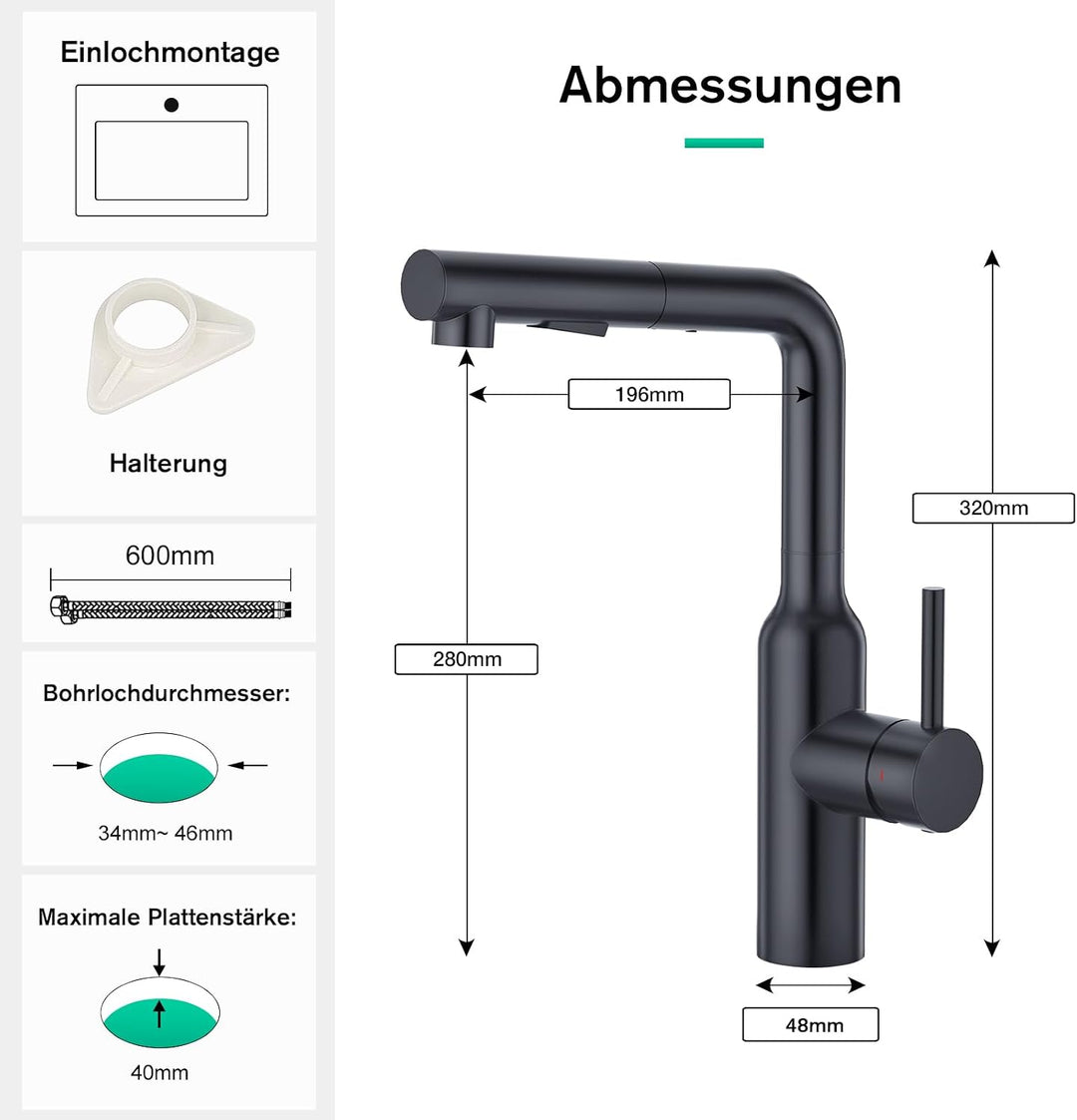 CREA Küchenarmatur ausziehbar, Einhebelmischer Armatur Wasserhahn Küche mit Brause, Spültischarmatur