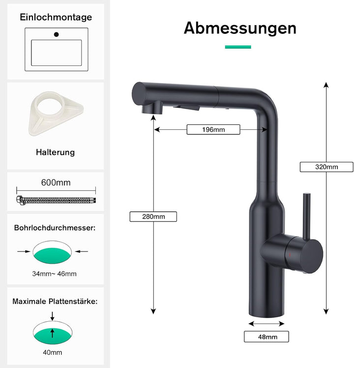 CREA Küchenarmatur ausziehbar, Einhebelmischer Armatur Wasserhahn Küche mit Brause, Spültischarmatur