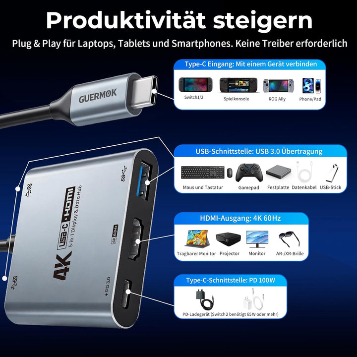 Guermok 5-in-1 USB-C Hub, Switch 2 Travel Dock, USBC to HDMI 4K@60Hz Display, PD 100W, 2×USB-A 3.0 5