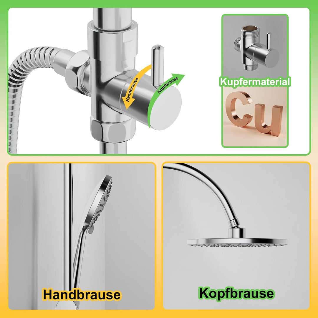 Florenta Regendusche Duschsystem ohne Armatur, Duschset mit Edelstahl-Duschstange, Kopfbrause und Ha