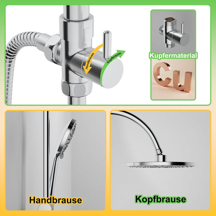 Florenta Regendusche Duschsystem ohne Armatur, Duschset mit Edelstahl-Duschstange, Kopfbrause und Ha