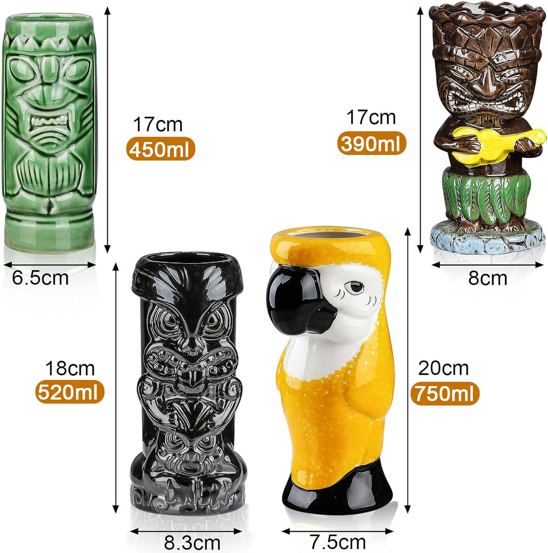 SuproBarware Tiki-Gläser für Cocktails, Tiki-Becher, 4er-Set, tropische Keramikbecher, hawaiianische
