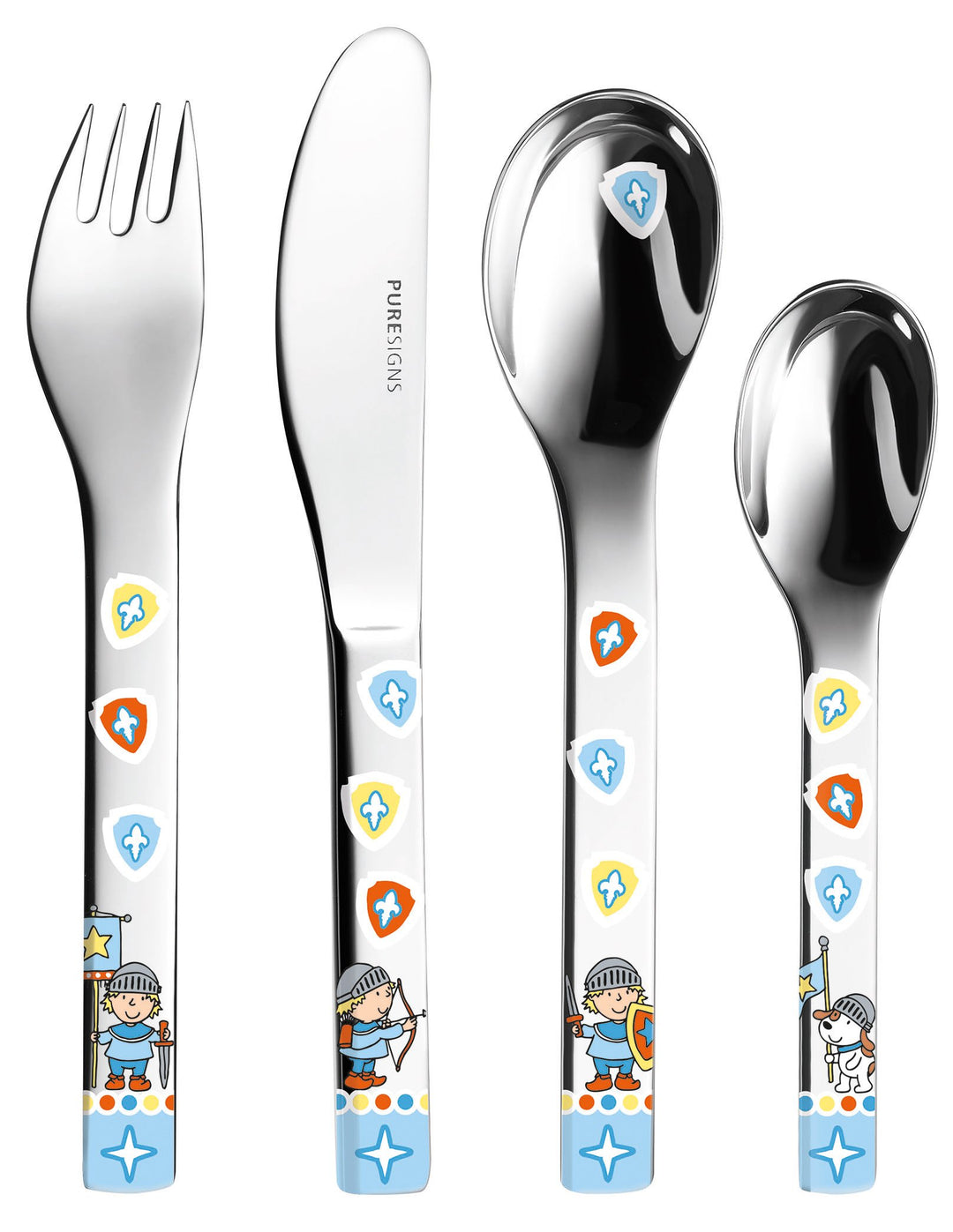 Puresigns ONE Miko Kinderbesteck mit neidlichen Ritter Motiven 4-teilig ergonomisch geformt peferkt