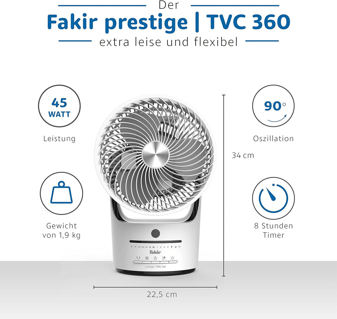 Fakir prestige TVC 360 – Leiser Designer-Tischventilator mit Fernbedienung I Ventilator mit Timer, v