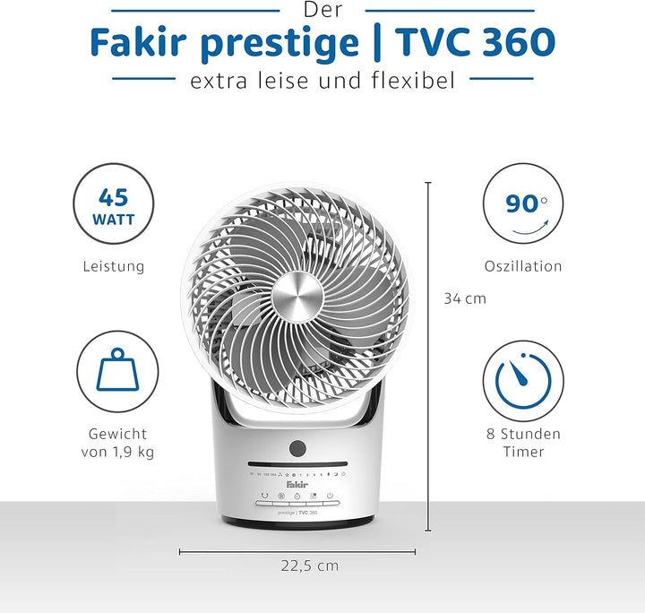 Fakir prestige TVC 360 – Leiser Designer-Tischventilator mit Fernbedienung I Ventilator mit Timer, v