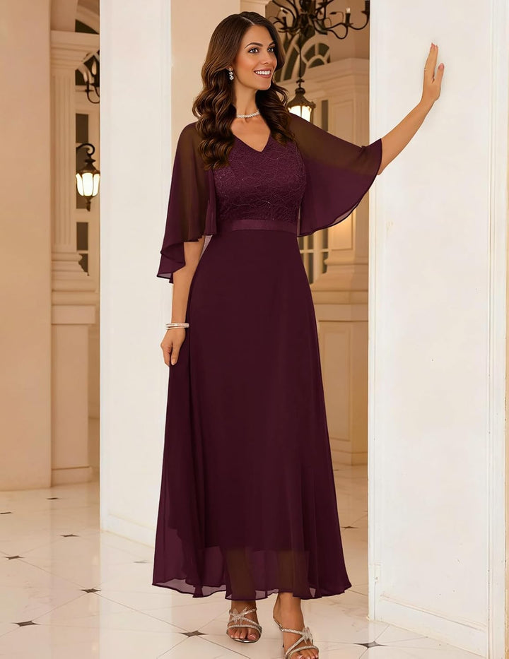 DRESSTELLS Damen Ballkleid Lang Abendkleider Elegant für Hochzeit mit Kurze Ärmel M Burgunder, M Bur