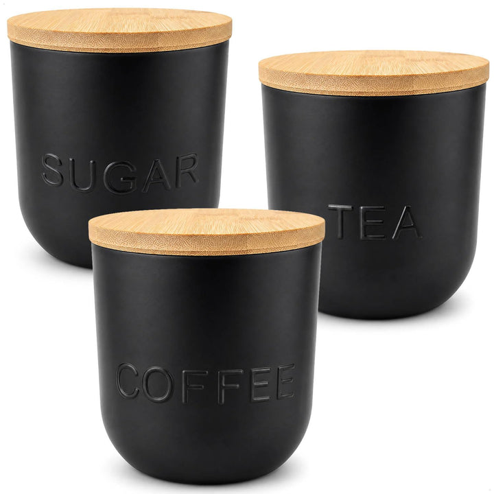 com-four® 3er Vorratsdosen Set mit Bambusdeckel, Kaffee, Tee und Zucker | runde Vorratsbehälter je 1