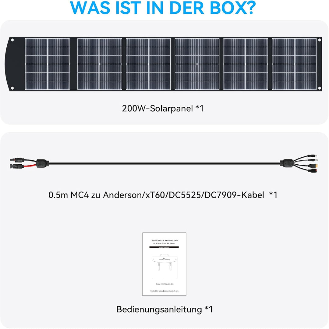 Ecosonique 200W Faltbares Solarpanel, Monokristallin Solarmodul mit USB-C 65W PD3.0, USB-A QC3.0 Sch