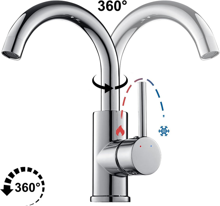 Auralum Wasserhahn Bad 360 grad drehbar, Wasserhahn Bad Hoch Messing chrom, Waschtischarmatur Hoch m