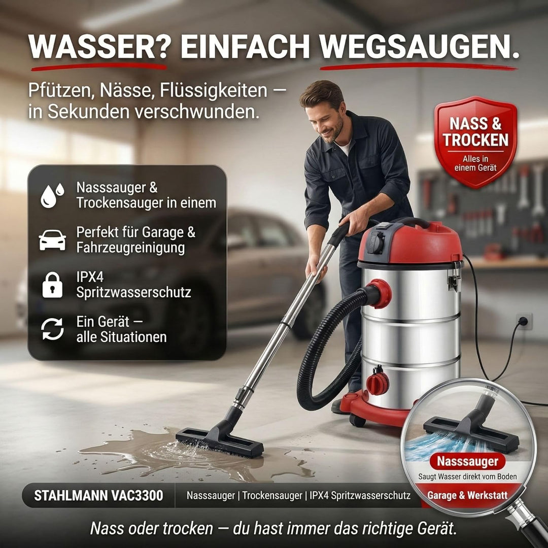 STAHLMANN VAC3300 Industriestaubsauger Nasssauger Trockensauger; 30L Tank, integrierte Steckdose, le
