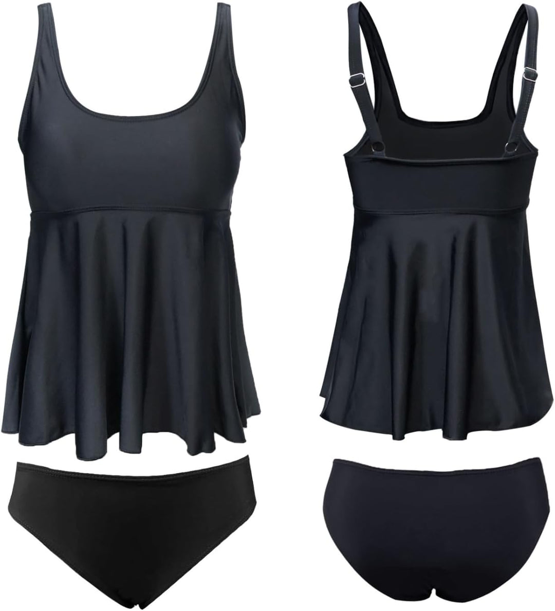 JFAN Tankini Damen Badeanzug Damen Bauchweg mit Rüschen Badekleider und Bikinihose M Schwarz, M Schw