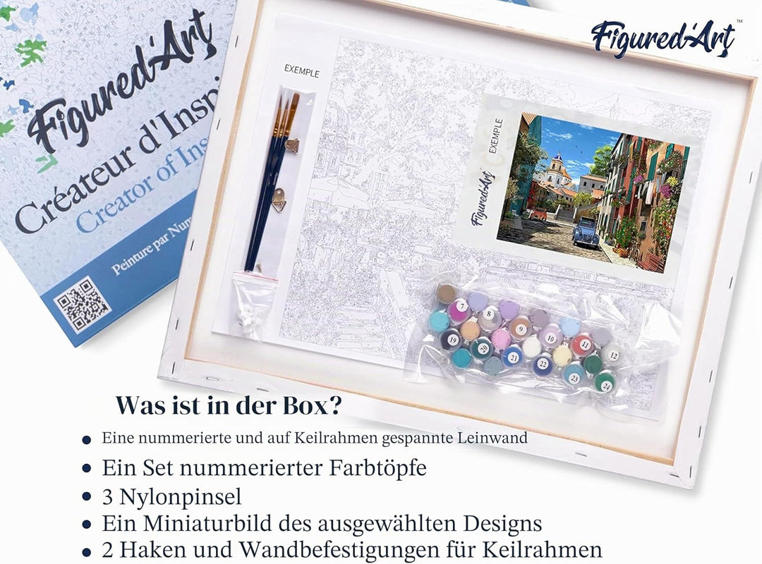 Figured'Art Malen Nach Zahlen Erwachsene Mit Rahmen Gasse mit 2CV - Paint by Numbers Basteln DIY Bas