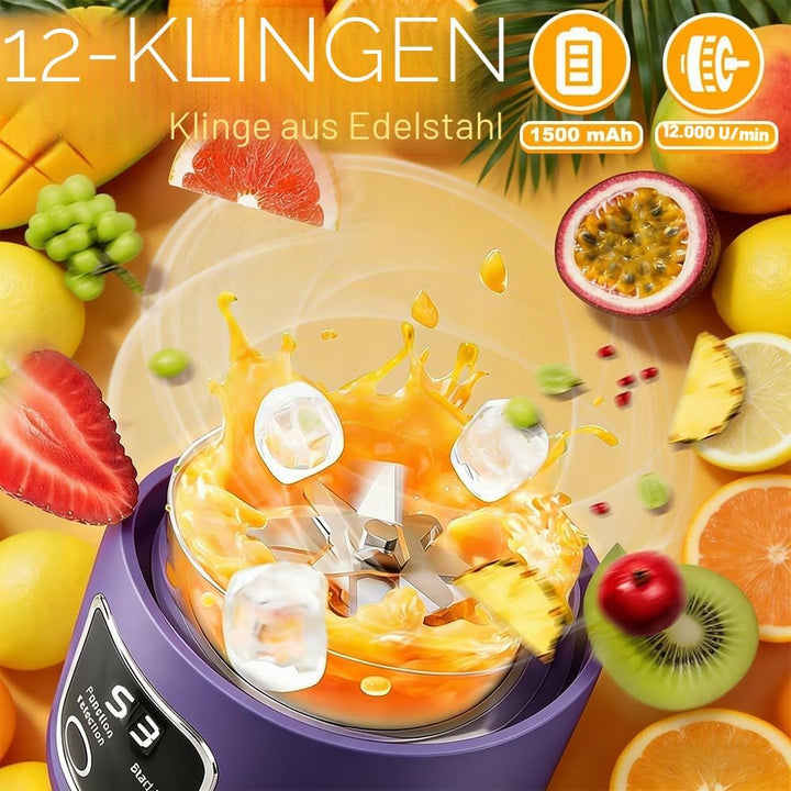Mixer Smoothie Maker To Go, 450ML Tragbarer Mixer, 1500mAh Portable Blender mit LED 12 Klingen, Mini