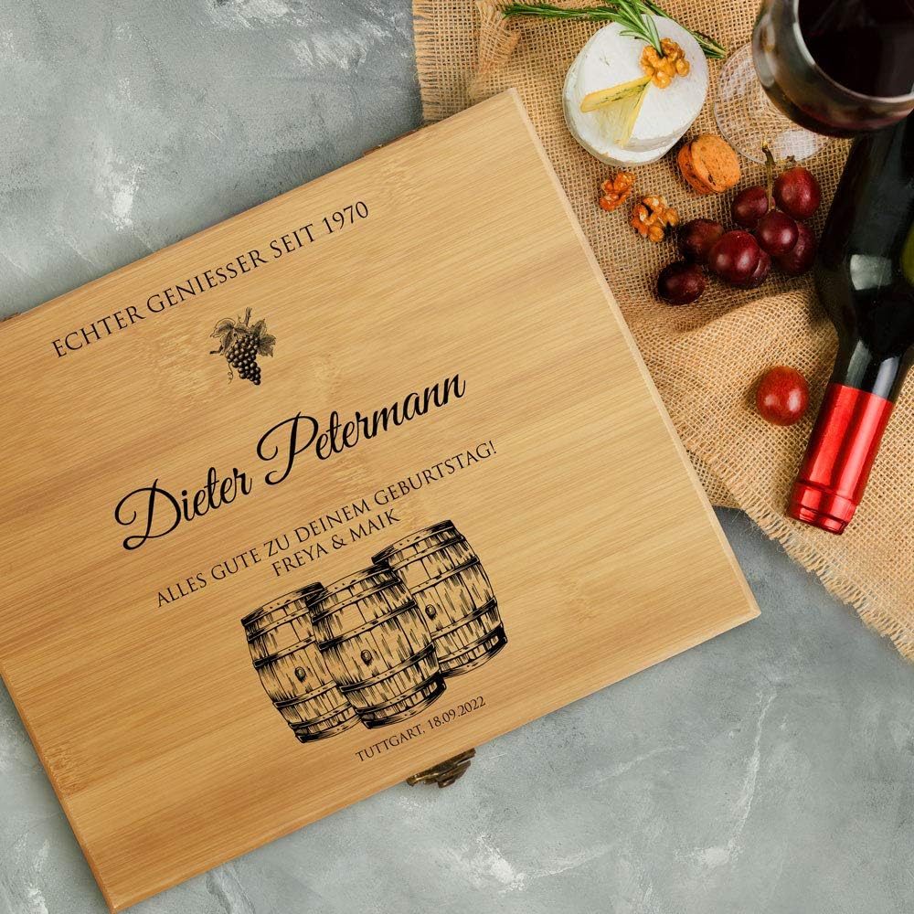Maverton Weinöffner-Set personalisiert Weinset Sommelier Set - Geschenkbox Holzbox + 8er Weinzubehör