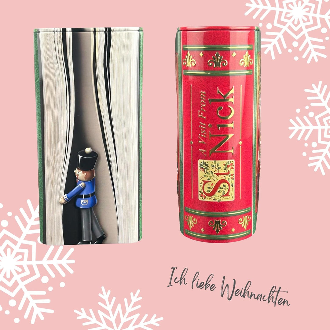 MediMuc Kleine Buchdose St. Nick rot/grün - nostalgische Dose aufwändig geprägt und bedruckt - Santa