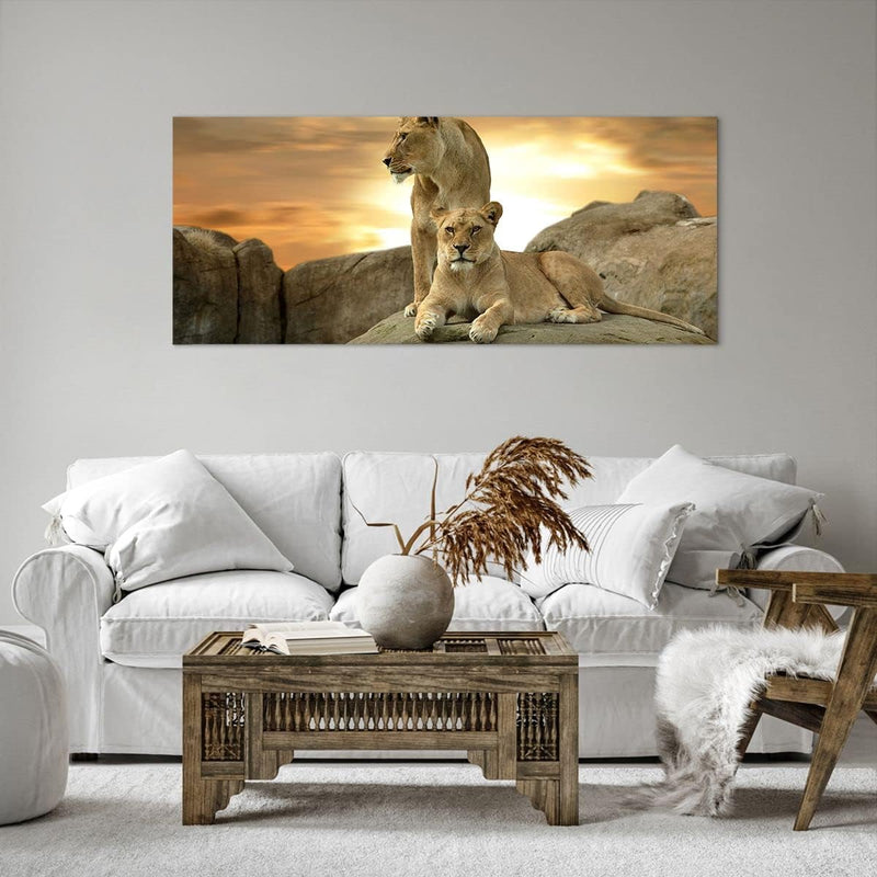 Wandbilder Dekoration Wohnzimmer Löwen Sonnenuntergang Felsen Krallen Bilder auf Leinwand 120x50cm L