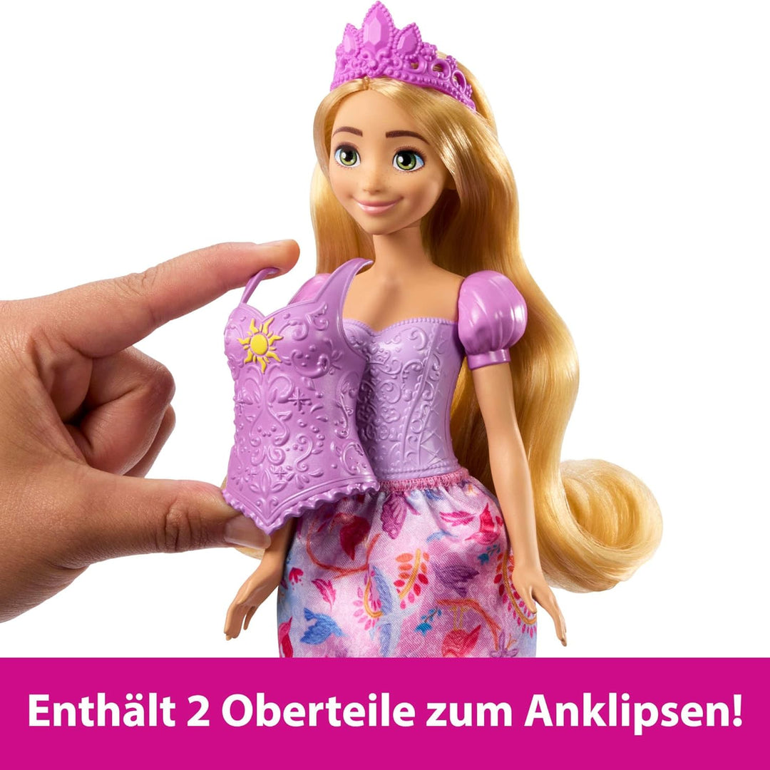 Mattel Disney-Princess-Spielzeuge, Rapunzel-Modepuppe mit 2 Looks, 9 Accessoires, 2 Oberteilen zum A