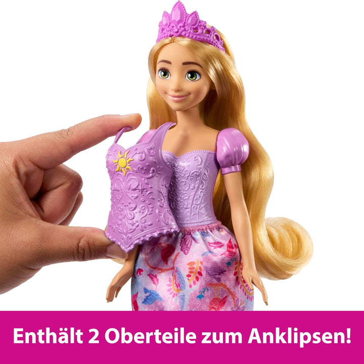 Mattel Disney-Princess-Spielzeuge, Rapunzel-Modepuppe mit 2 Looks, 9 Accessoires, 2 Oberteilen zum A