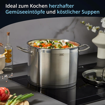 KHG Topf Kochtopf 26 cm, 9 Liter Induktion, Edelstahl unbeschichtet inkl. Glasdeckel - XXL Suppentop