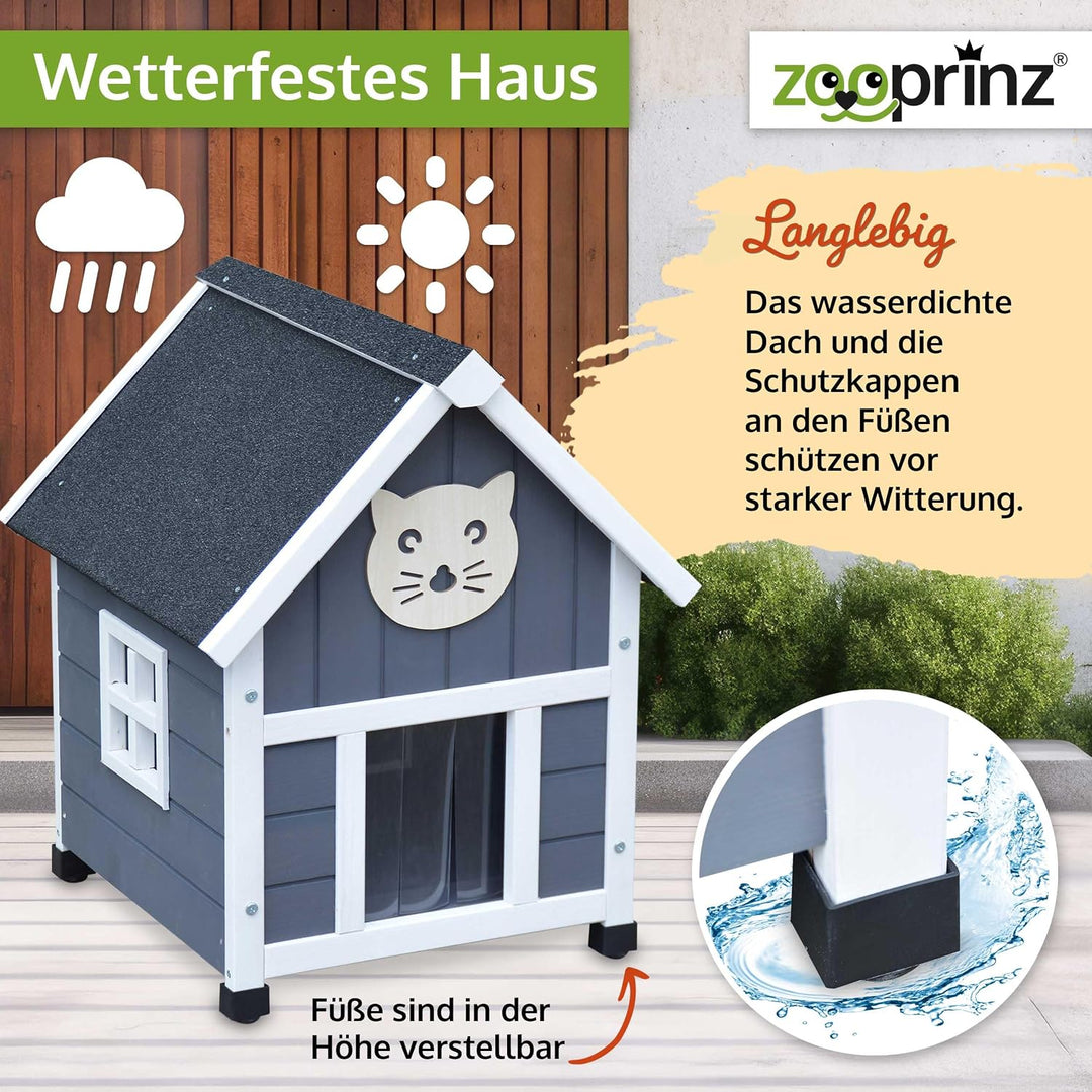 zooprinz Holz Katzenhaus – Katzenhütte im Skandi-Look, Grau-Weiss | Katzenkiste mit Bitumen-Dach für