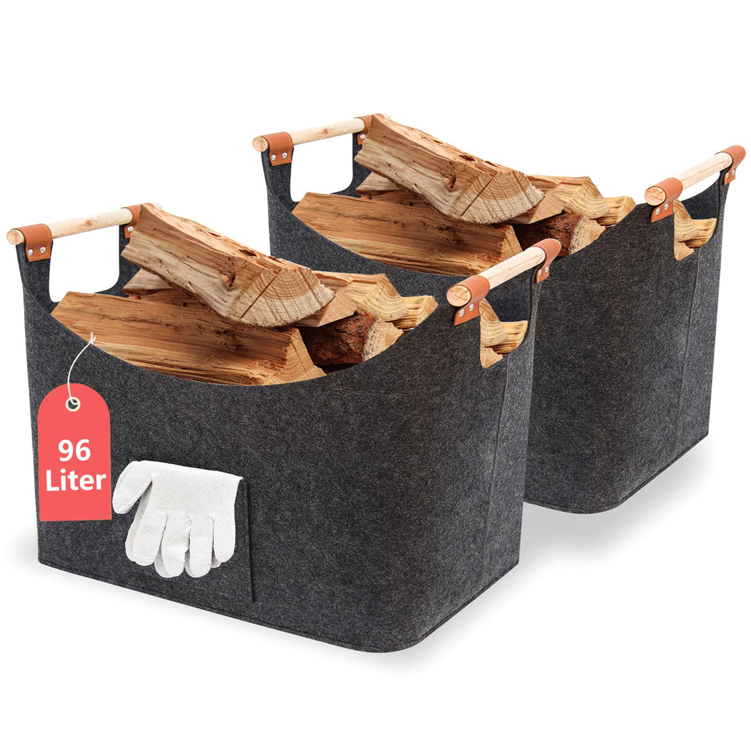 FINEW Holzkorb für Kaminholz 2 Stück, 96L Kaminholzkorb mit Handschuhen 60 x 40 x 40CM, Grosse Filzk