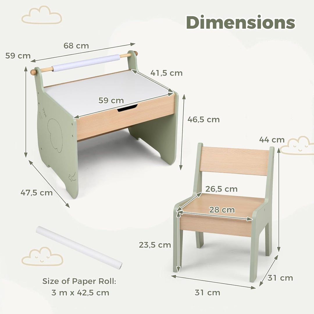 FANTASK 4 in 1 Holz Kindertisch mit Stuhl, wendbare & abnehmbare Tischplatte, Maltisch mit Stauraum