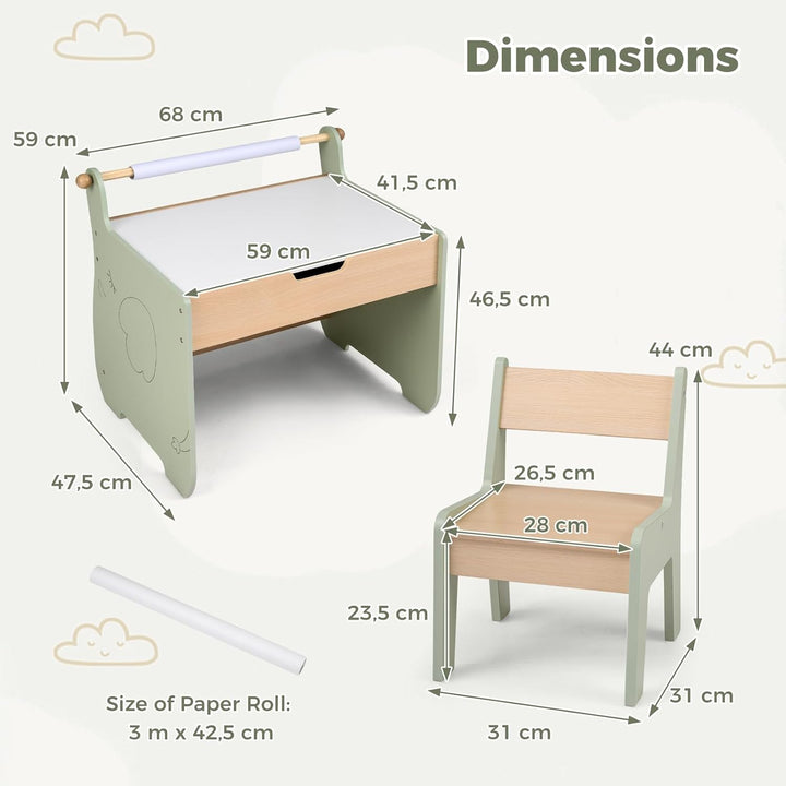 FANTASK 4 in 1 Holz Kindertisch mit Stuhl, wendbare & abnehmbare Tischplatte, Maltisch mit Stauraum