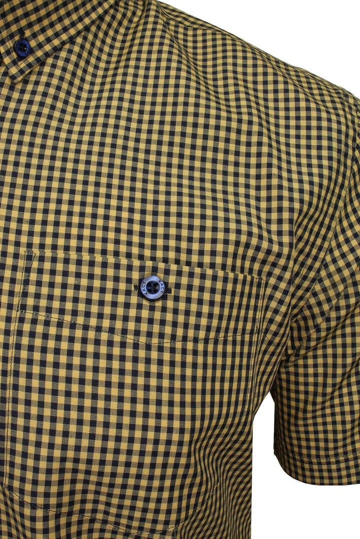 Xact Herren Kurzarmhemd mit Gingham-Karo, Button-Down-Kragen, Normale Passform L Mustard/ Navy, L Mu