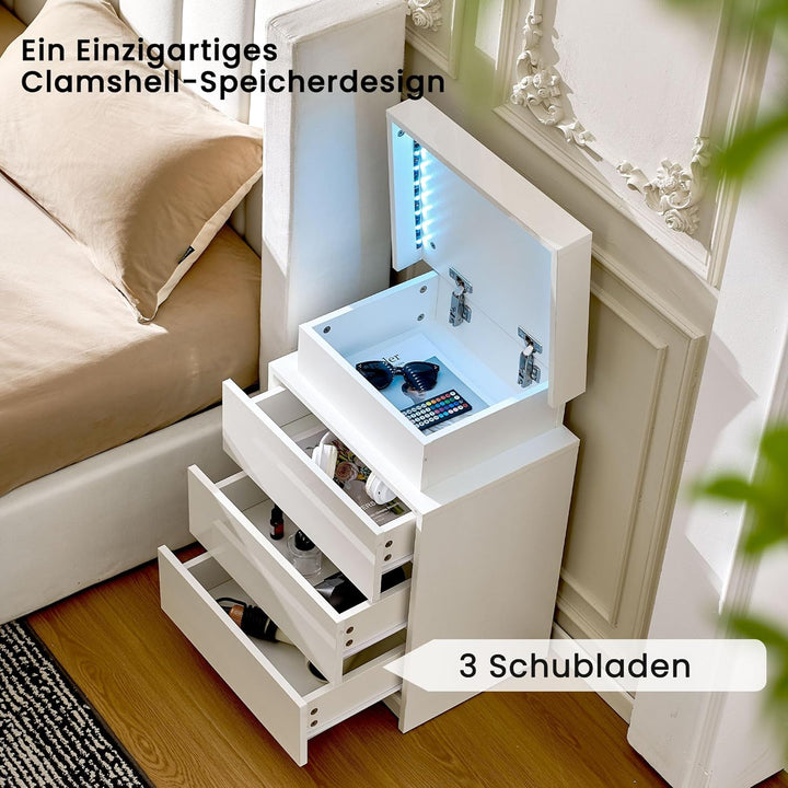 CLIPOP Moderner Nachttisch Hochglanzfront Kommode mit 3 Schubladen mit LED-Lichtern, 3 Schubladen Sc