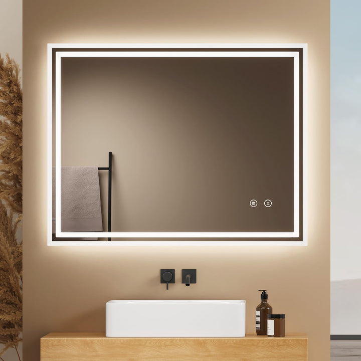 EMKE Badspiegel mit Beleuchtung 90x70cm, Badezimmerspiegel mit Touch, Antibeschlag, Kaltweiss Licht