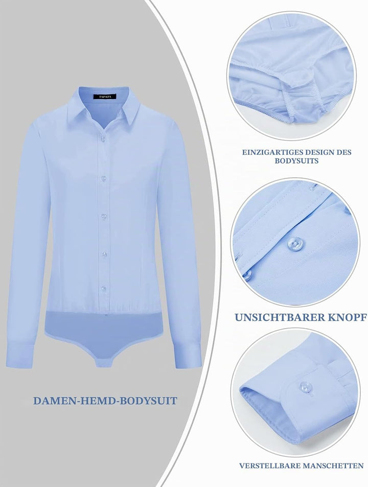 Tapata Damen-Bodysuit-Bluse mit Knöpfen, einteilig, langärmlig, solides Büroarbeitshemd, lässige Obe
