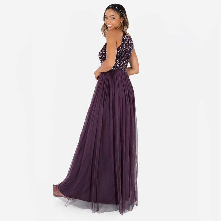 Maya Deluxe Damen Maxikleid Brautjungfer Neckholder Pailletten Verziert Abschlussball Hochzeit Dleid