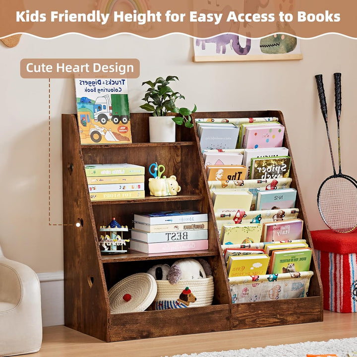 Kinder Bücherregal mit 5 Bücherdisplays und 4 Ablagefächer, Gross Braun Kinderregal Büchergestell fü
