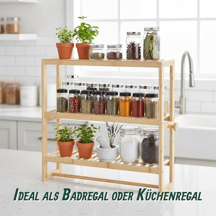 Relaxdays Wandregal Bad, HxBxT: 54 x 60 x 15 cm, Bambus, Handtuchstange, 2 Haken, schmales Schwebere
