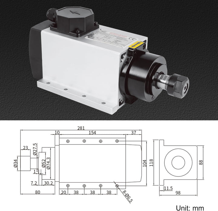 CNC-Spindel-Kit, 220 V, 2,2 kW, 2200 W, luftgekühlt, Motorspindel, quadratisch, CNC-Motorspindel, 2,