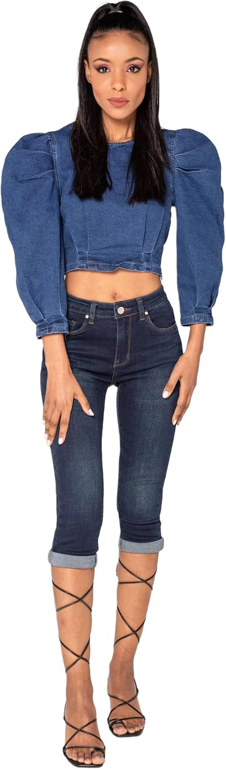 Nina Carter P132 Damen Capri Skinny Fit Jeanshosen HIGH Waist Jeans Used-Look Waschungseffekt M Dunk