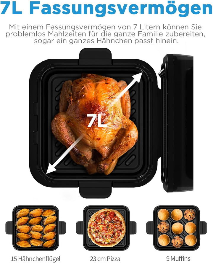 Midea DualTaste Heissluftfritteuse 7L,Airfryer xxl mit Sichtfenster,Modi saftige & knusprige,8 Progr