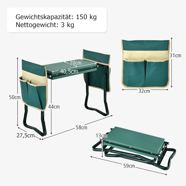 RELAX4LIFE 2-in-1 Kniebank klappbar, Kniehilfe mit 2 abnehmbaren Taschen &amp; Kniekissen EVA-Schaumstof