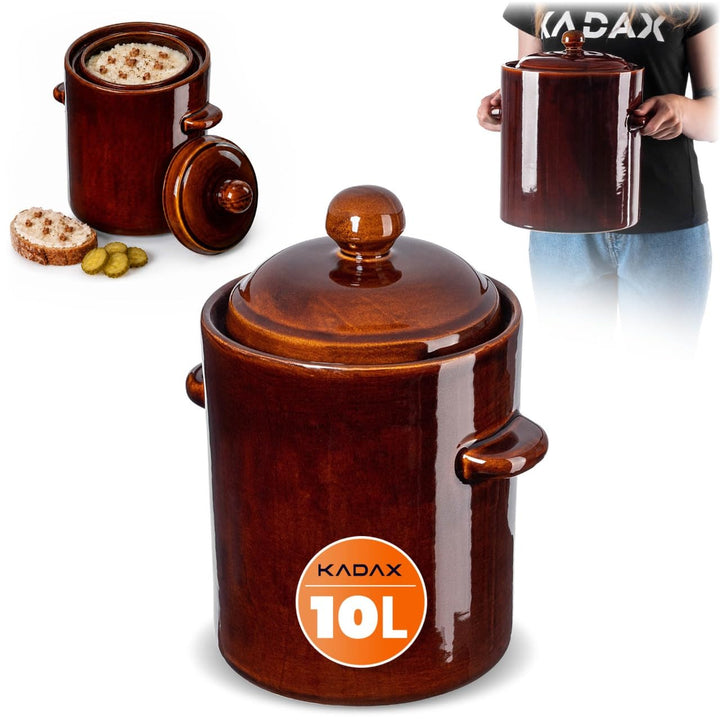 KADAX 10L Steinzeugtopf, Dichter Keramiktopf mit Deckel, Spülmaschinenfester Steinguttopf, handgefer