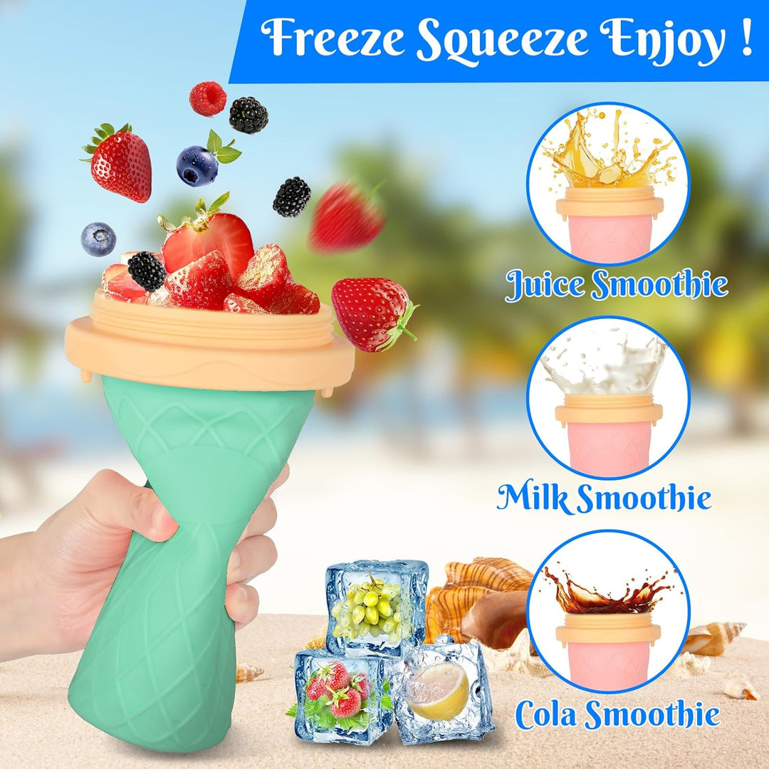 2er Set DIY Slush Becher, Silikon Squeeze Cup mit 2-in-1 Strohhalm und Löffel, Slush Eis Becher zum