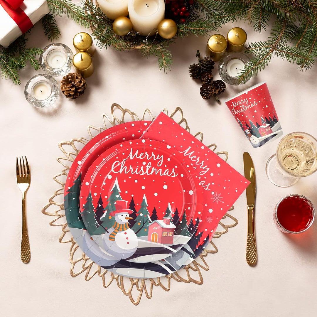 96 Stück Pappteller Weihnachten, Partygeschirr Set Weihnachtsparty Pappteller Servietten Pappbecher